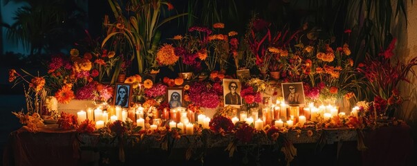 A vibrant altar adorned with flowers, candles, and photographs, celebrating life and honoring loved ones in a festive atmosphere.