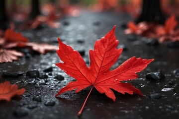 Bright Red Leaf Lying Against a Background of Black Leaves on a Rainy Day