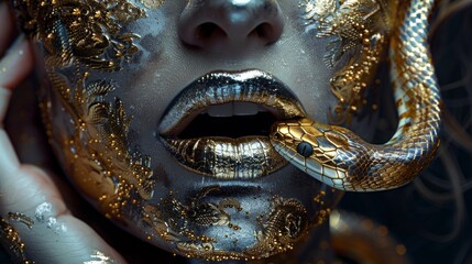 A woman with gold face paint and a snake around her neck