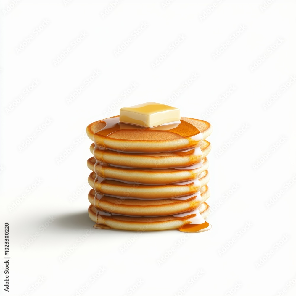 Poster an isolated icon of a stack of fluffy pancakes with a pat of butter and a drizzle of syrup, set agai