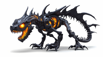 Fototapeta premium A skeletal dragon with glowing eyes, adorned with halloween party masks, detailed 3d rendering, dark fantasy style, isolated on white background. Shadow Dragon. Illustration