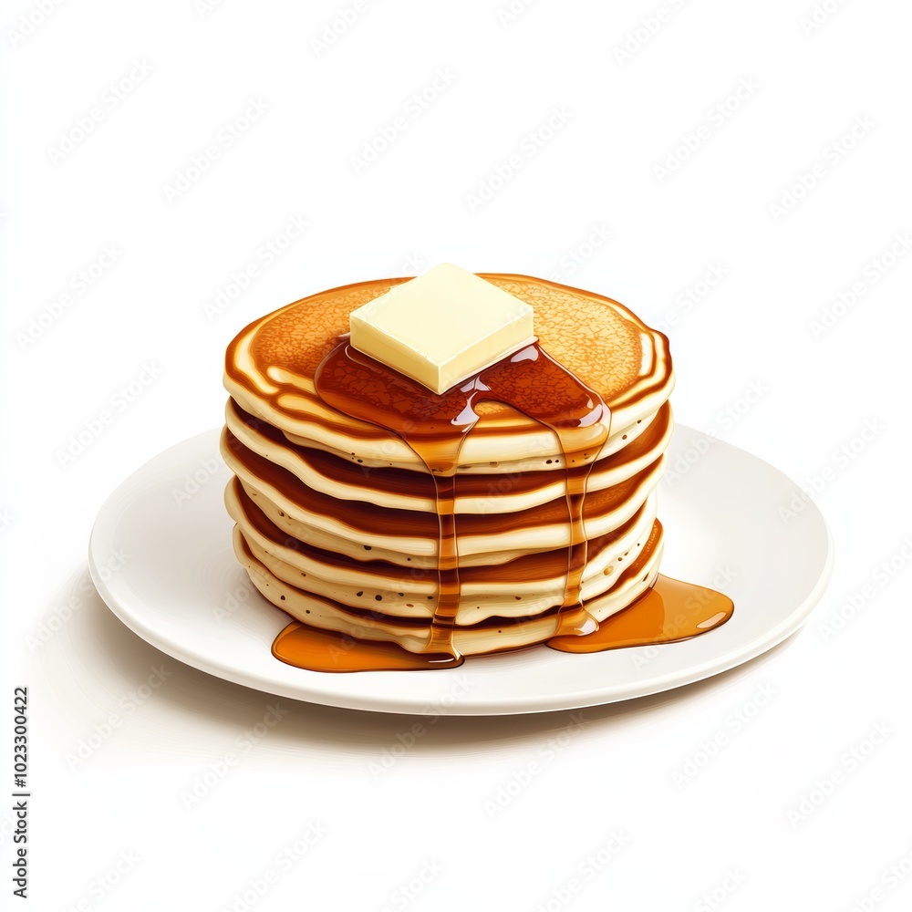 Poster an isolated icon of a stack of fluffy pancakes with a pat of butter and a drizzle of syrup, set agai