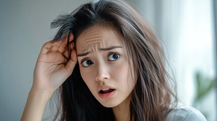 Fototapeta premium Concerned woman touching her hair in a bright indoor setting