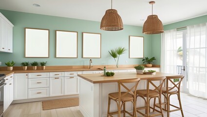 Fototapeta premium Cozy tropical kitchen interior design with poster frame