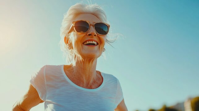 Joyful elderly woman running outdoors on a sunny day at the beach - Powered by Adobe
