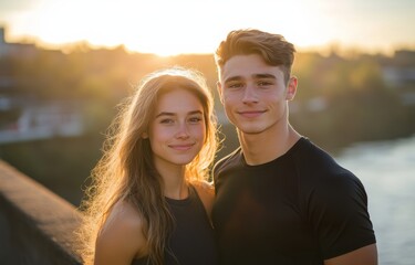 Young couple smiles together at sunset by the riverbank in the city