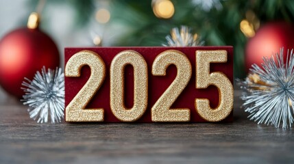 2025 written in matte gold on a rich burgundy background with muted silver fireworks luxurious New Year design 