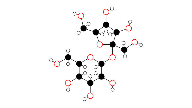 lactose molecule, structural chemical formula, ball-and-stick model, isolated image milk sugar