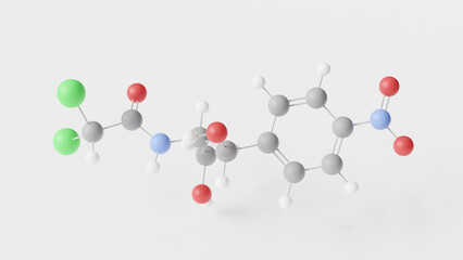 chloramphenicol molecule 3d, molecular structure, ball and stick model, structural chemical formula antibiotic