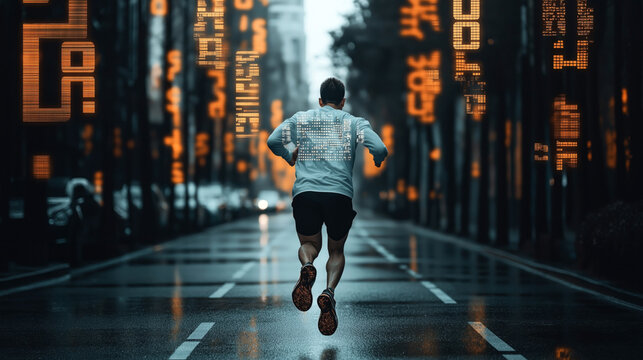 Man running on a wet city street with glowing digital code overlay in futuristic urban environment