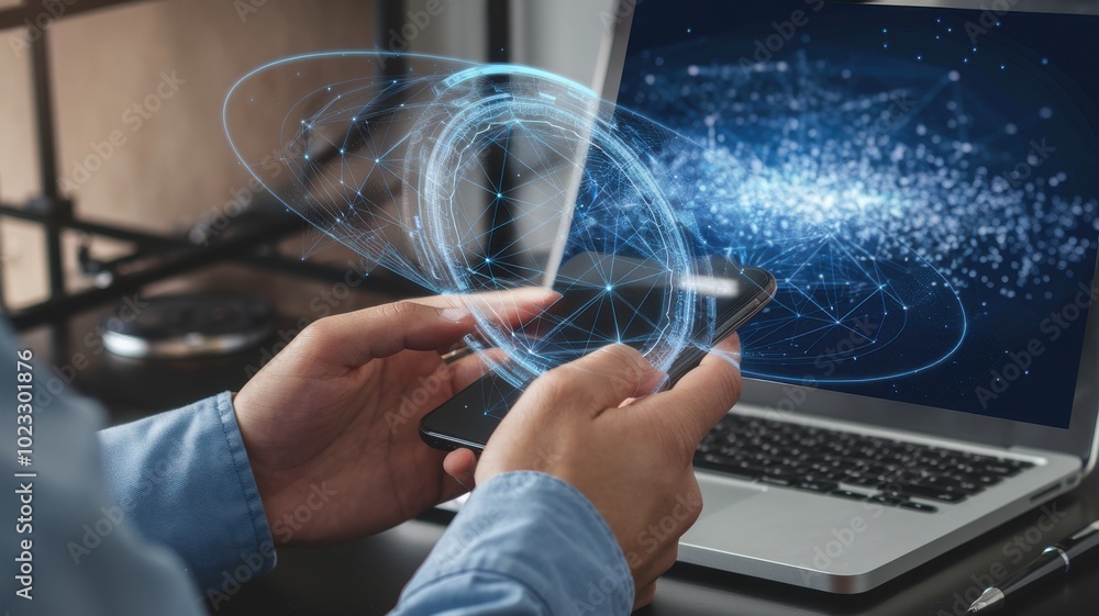 Aufkleber person using smartphone and laptop with digital graphics and data visualization.