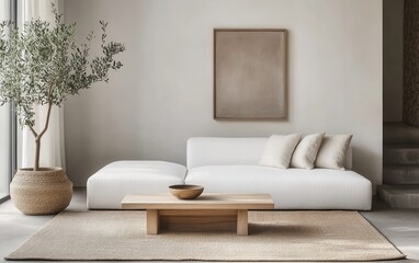 Modern Japandi interior featuring a sleek white sofa and a light wooden coffee table. A neutral-toned rug anchors the space