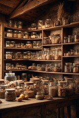 Food Storage Room in a Wooden House with Cozy Wooden Shelves Filled with Glass Jars of Preserves
