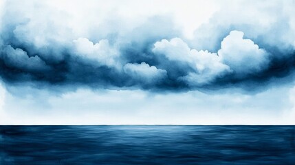 Fototapeta premium Abstract watercolor background with deep shades of blue and gray, blending into a moody cloudy sky with soft, misty cloud formations 