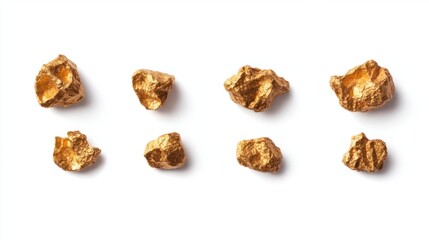 Set of textured gold nuggets of different sizes arranged on a clean white background