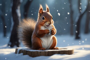 Cute Squirrel Sitting on a Feeder in a Winter Wonderland at Christmas