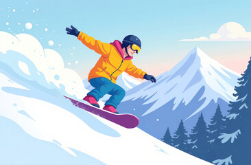 winter type of vacation, sports, tourism and vacations. A boy on a snowboard rides on a snowy mountain, it's a sunny day