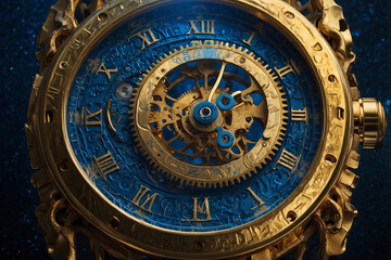 Obraz premium Close-Up of a Luxurious Clock Dial Featuring Gilded Mechanisms and Designed Gears