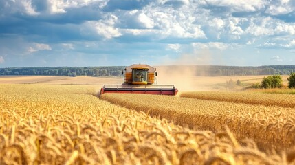 A combine harvester working in a golden wheat field. Ample room for text above
