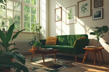 Sunlit Living Room with Green Sofa and Plants