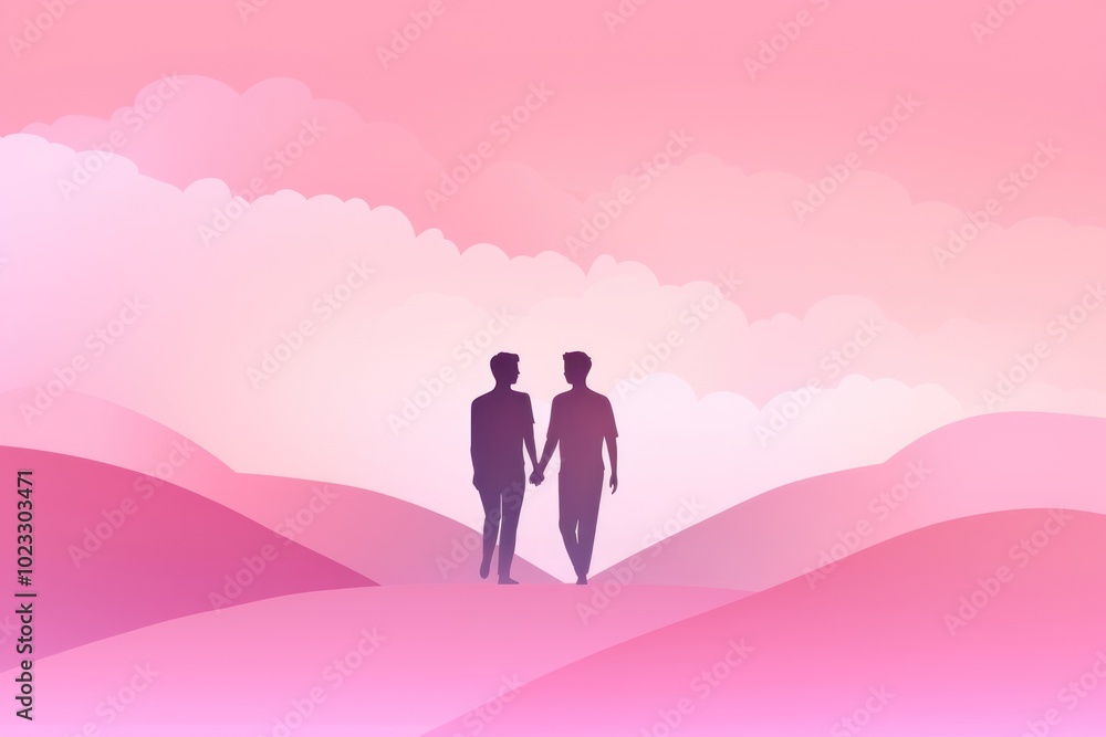 Canvas Prints Gay couple gradient background pink togetherness silhouette.