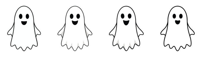 Set of cute ghost characters in outlined style. Cartoon ghost illustrations for designs, stickers, and decorations