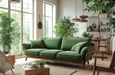 Modern Living Room with Green Sofa, Wooden Furniture, and Greenery