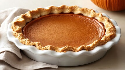 Delicious pumpkin pie in a white dish, ready for serving on a cozy table setting.