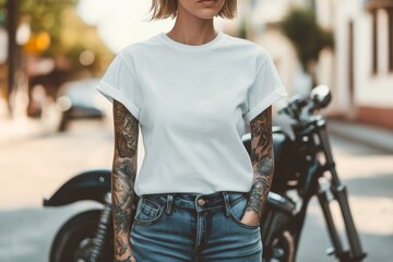 Tattooed Woman in a White T-Shirt with Motorcycle on an Urban Street Background