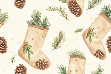 Throw pillow Watercolor Christmas Stockings Pattern - Festive Pine Garland Design