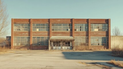 A large brick industrial building with aged textures, set against a clear sky. Empty space for message