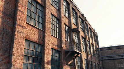 Obraz premium A large brick industrial building with aged textures, set against a clear sky. Empty space for message