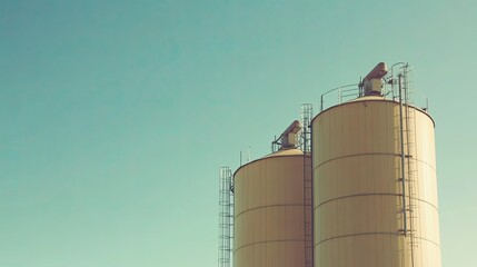 A large grain silo against a clear blue sky. Ample space for adding your content