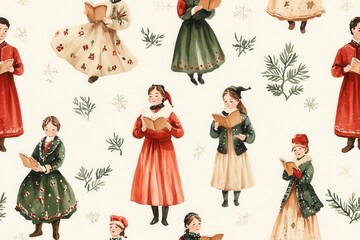 Watercolor Christmas Carolers Pattern - Vintage Holiday Scene