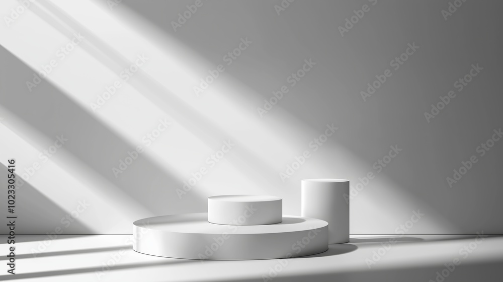 Poster minimalist display of cylindrical shapes casting shadows on a white surface in a well-lit studio env