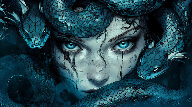Coils of venomous serpents adorn the gorgon's scalp, as her petrifying gaze, etched with ancient resentments, freezes all who dare to behold her timeless visage. Hydra Rising. Illustration