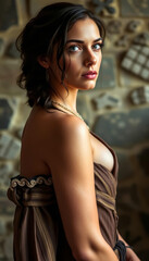 Sexy beautiful young village girl in a casual dress, medieval or renaissance style, she is beautiful but rustic, aristocratic beauty, gorgeous medieval woman in low cut dress showing off perfect skin