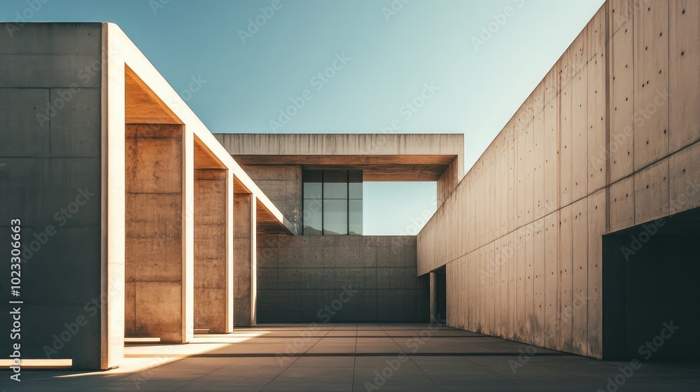 Poster a minimalistic concrete building with clean lines, basking in soft sunlight. plenty of space for you