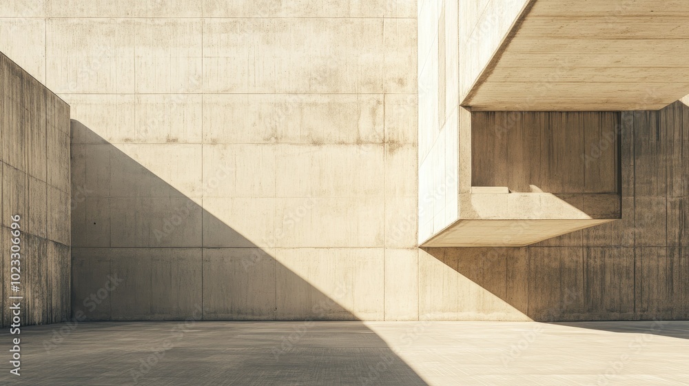 Poster a minimalistic concrete building with clean lines, basking in soft sunlight. plenty of space for you