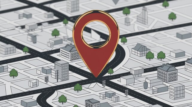 Red location pin on a detailed city map with buildings and trees.