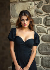 Naklejka premium Sexy woman in everyday dress, medieval or renaissance setting, she is beautiful but rustic, aristocratic beauty in the appearance of a village girl, beautiful medieval girl with low cut dress