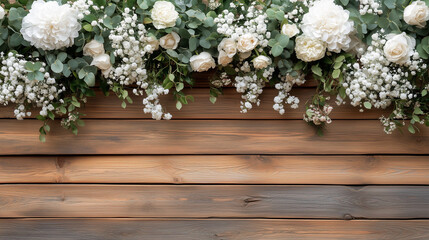 White flower garland on wooden background with greenery, AI Generation