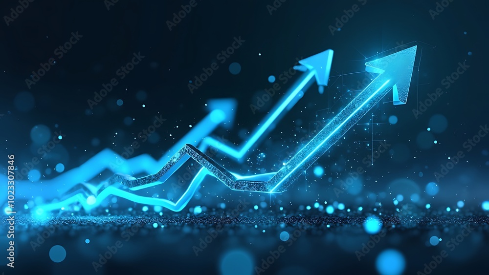 Sticker A blue background with arrows pointing upwards, representing stock market growth or business success in the financial industry graph show upward trends, symbolizing positive progress Generative AI