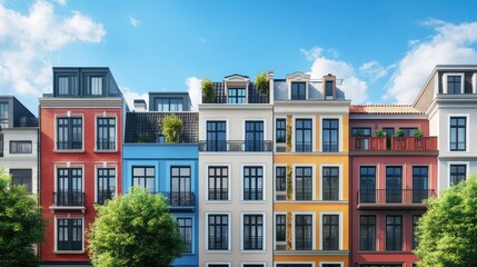 Fototapeta premium A row of colorful townhouses in a charming European neighborhood. Space for text in the sky