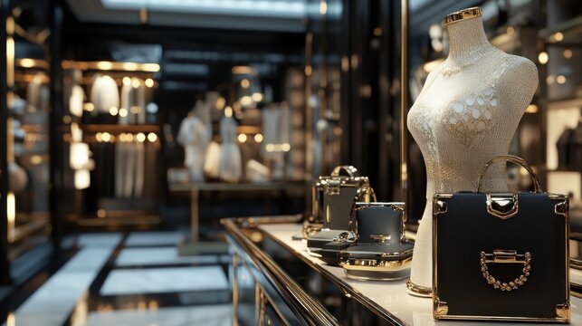 A luxurious display of fashion accessories in an elegant boutique setting.