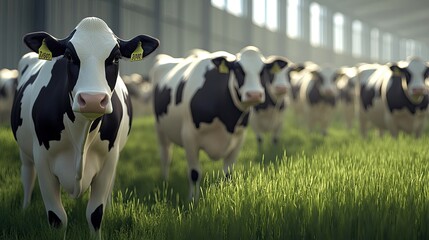A row of dairy cows in a modern farm setting, with room for your content