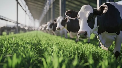 A row of dairy cows in a modern farm setting, with room for your content
