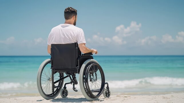 Man in wheelchair enjoying a peaceful beach view under a clear blue sky.