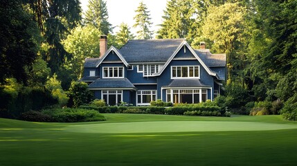 A large, elegant home with expansive windows and a porch on the right side of the picture sits in front of an impressive lawn