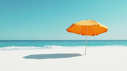 A sunny beach umbrella casting shade on white sand. Ocean waves in the background with clear space for text. Relaxation theme